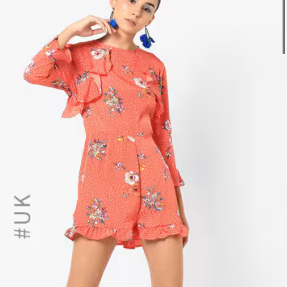 Coral Pink Floral Long Sleeved Romper